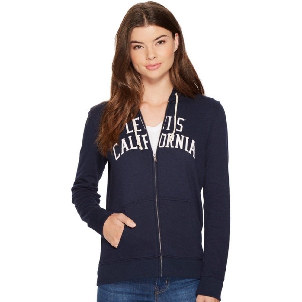 Levis Classic Sweatshirt Hoodie Navy Blue Fleece Size XS Hooded Spellout Zipper